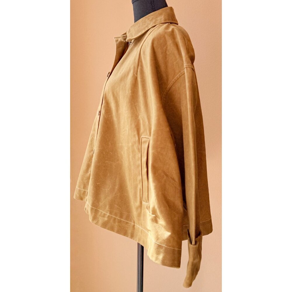Zara Waxed Cape Style Jacket NWT  Camel Brown Utility Coat Button Front - Picture 3 of 4